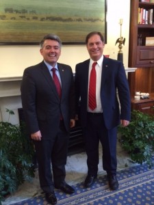 Sen. Cory Gardner, R-Colo., left, meets with Donny Seyfer, ASA chairman during ASA’s Lobby Day on April 27.